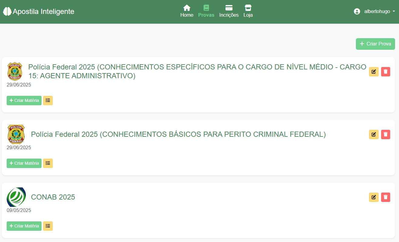 Página com provas, matérias e apostilas